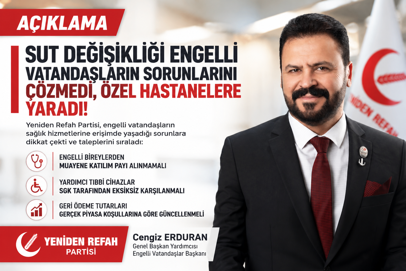 Yeniden Refah Partisi: “Engelli Vatandaşlardan Muayene Katılım Payı Alınmamalı”