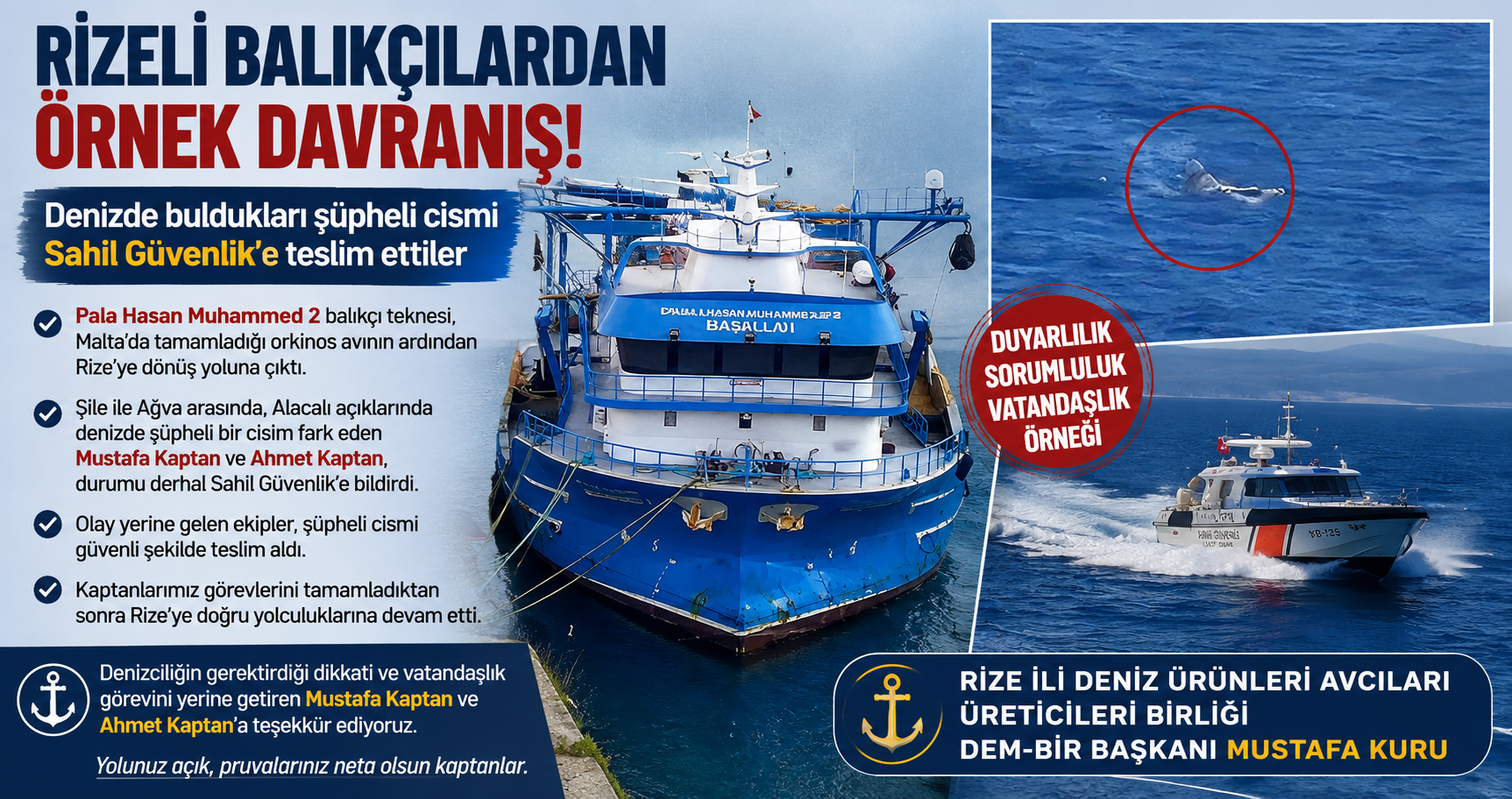 Rizeli Balıkçılardan Örnek Davranış: Denizde Buldukları Şüpheli Cismi Sahil Güvenlik’e Teslim Ettiler