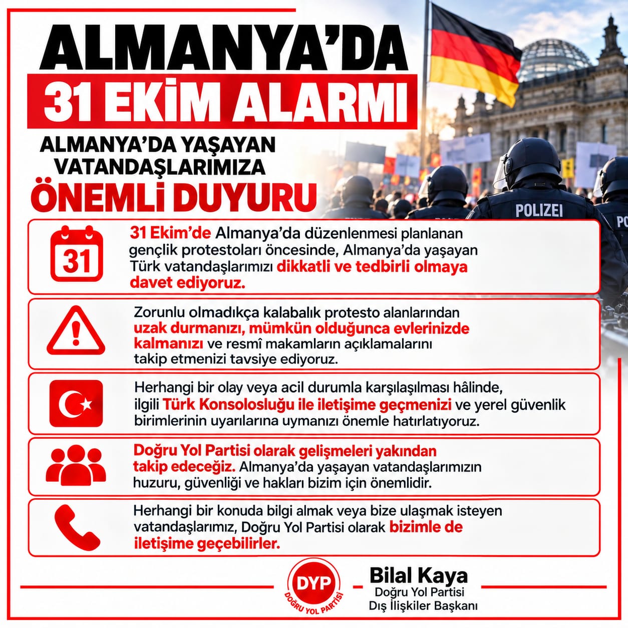 ALMANYA’DA 31 EKİM ÖNCESİ GÜVENLİK HAREKETLİLİĞİ: 134 BİNDEN FAZLA KİŞİ KATILIM BİLDİRDİ